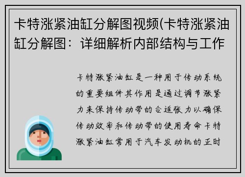 卡特涨紧油缸分解图视频(卡特涨紧油缸分解图：详细解析内部结构与工作原理)